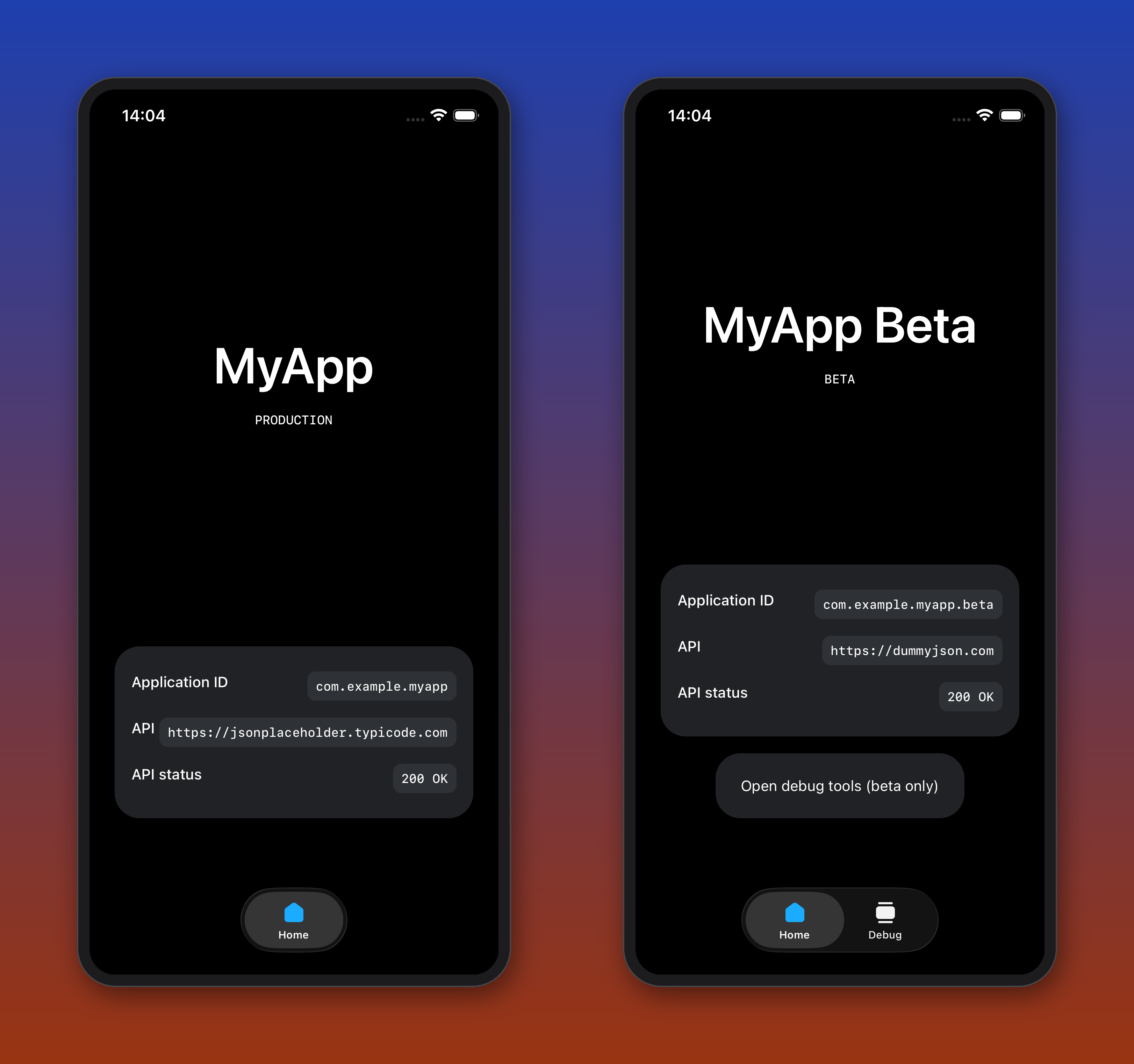 Side by side: production variant showing application id com.example.myapp and jsonplaceholder API with a single Home tab, next to the beta variant showing com.example.myapp.beta, the dummyjson API, an extra Debug tab and an "Open debug tools" button