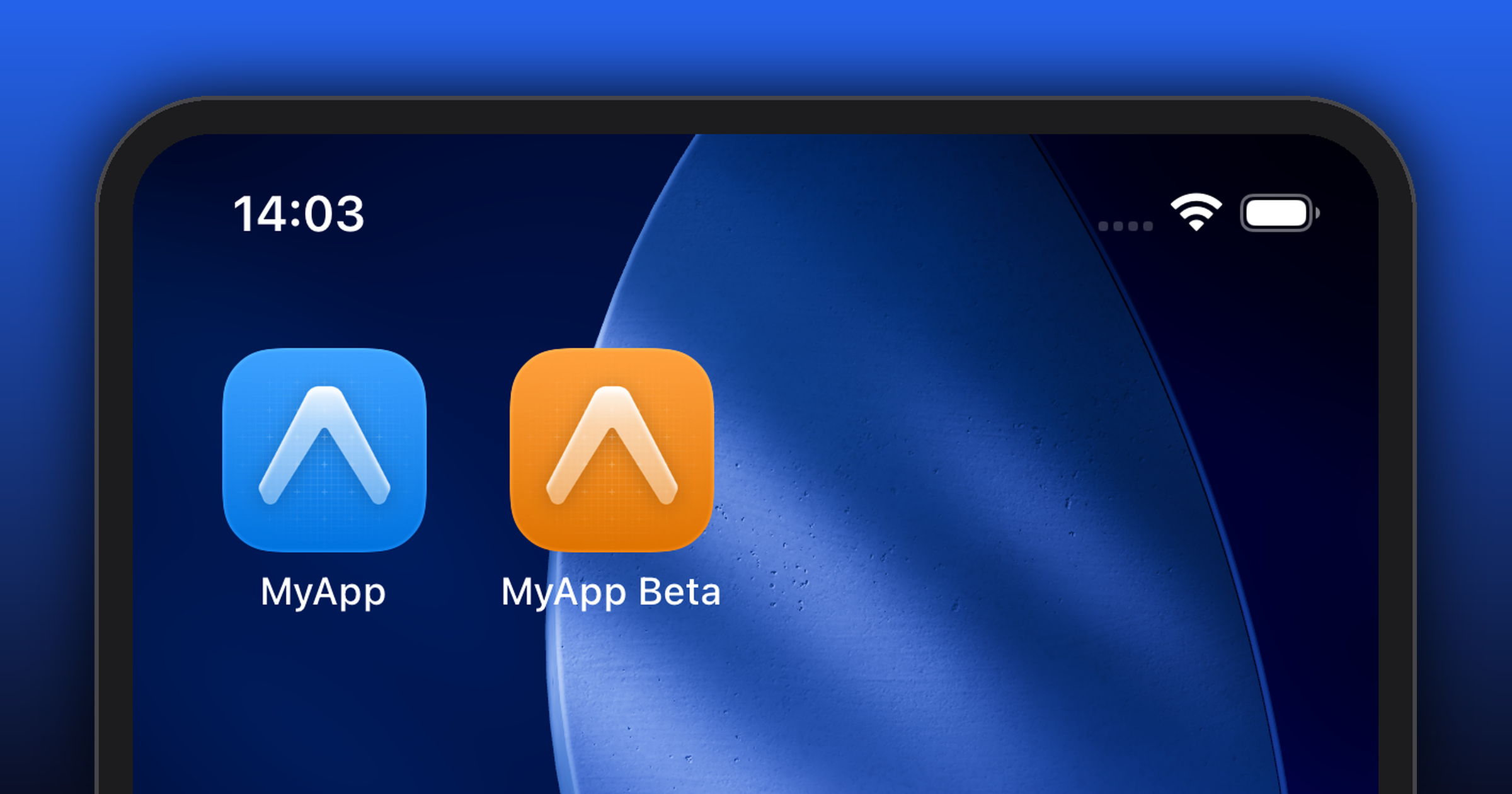 One phone home screen with both apps installed side by side: blue "MyApp" icon next to orange "MyApp Beta" icon